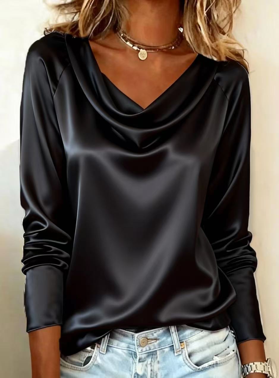 Shirt Camp Collar - Blus Satin Mewah Warna Solid Kerah