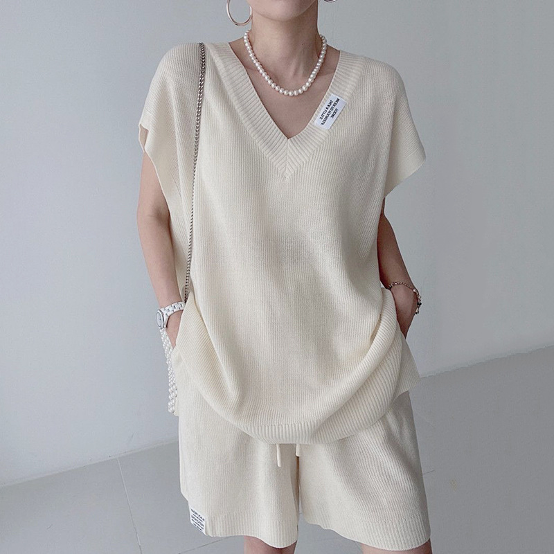 Short Linen Drawstring - Set Dua Potong Wanita Rajutan, Atasan