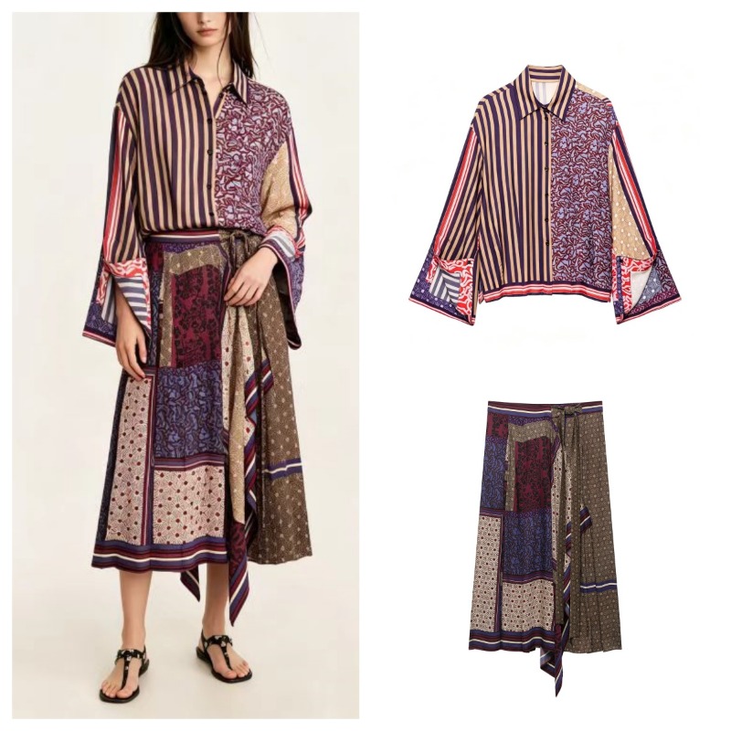 Shirt Camp Collar - Setelan Rok Sarong Cetak Elegan dan