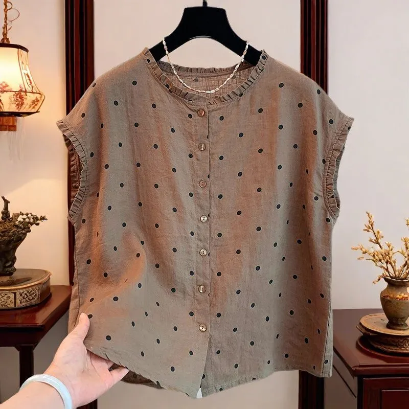Shirt Camp Collar - Blus Katun Linen Polkadot Retro Wanita