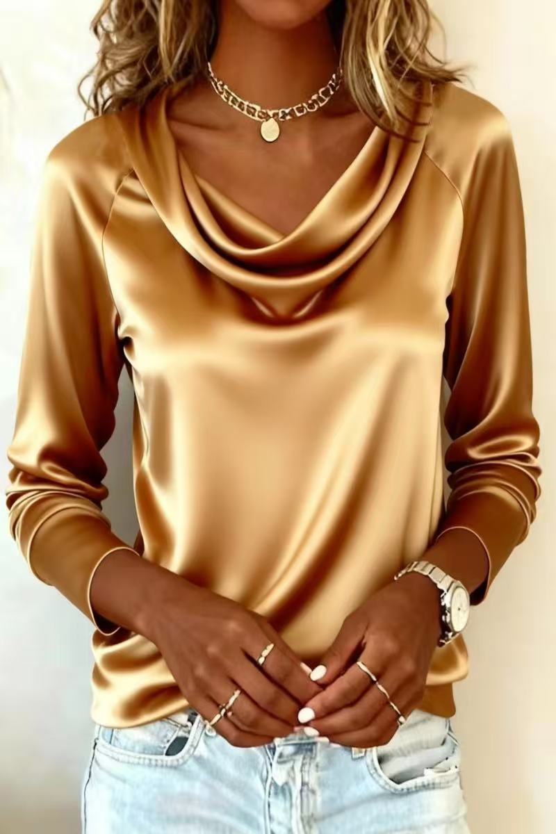 Blus Satin Mewah Warna Solid K - Shirt Camp Collar ulasan dan harga